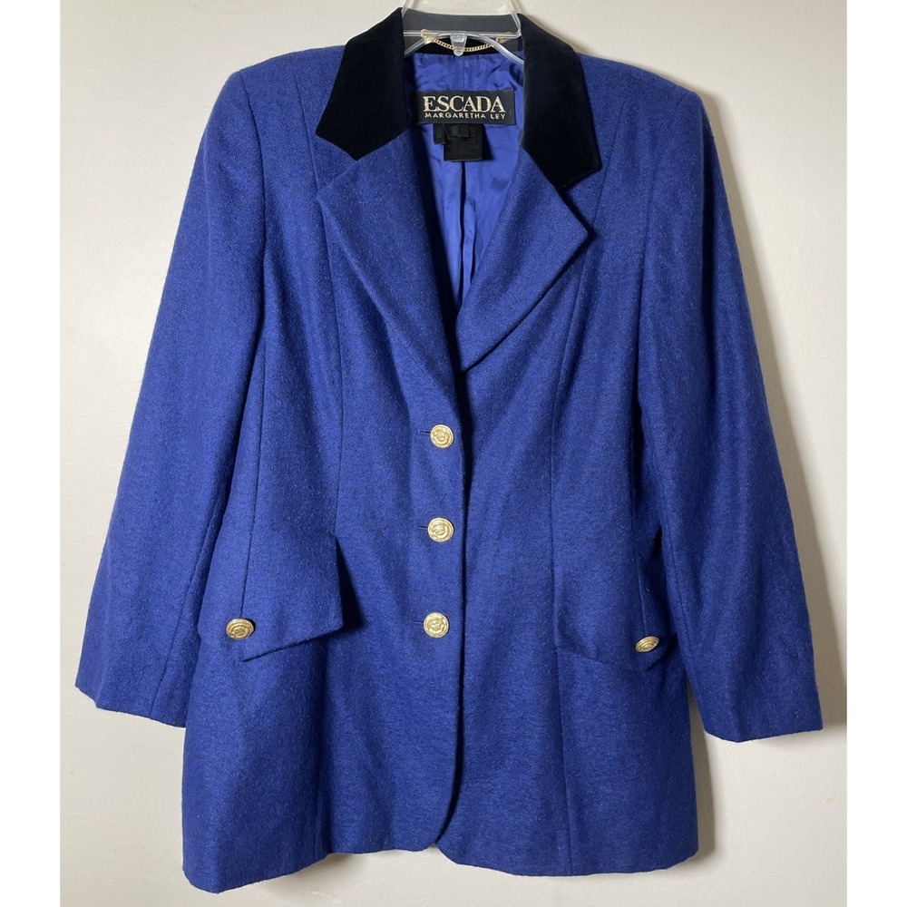 Escada‎ Margaretha Ley Wool Cashmere 3 Button Blazer Cobalt Blue Women's 42 Med